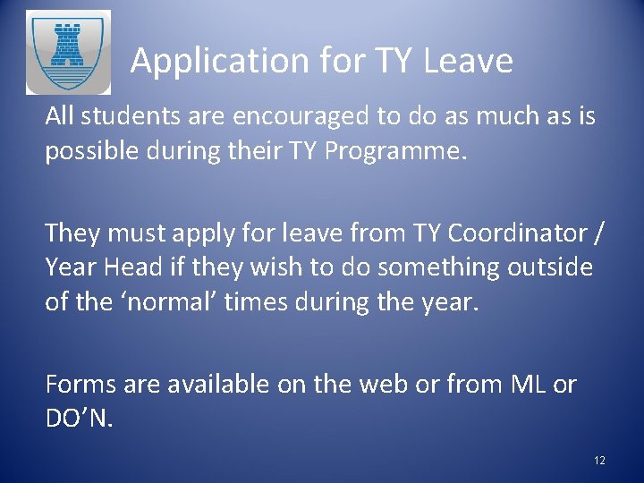 Application for TY Leave All students are encouraged to do as much as is