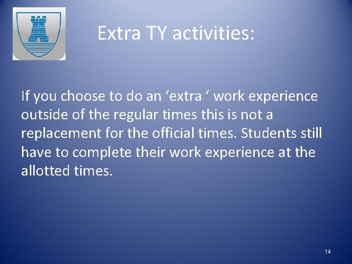 Extra TY activities: If you choose to do an ‘extra ‘ work experience outside