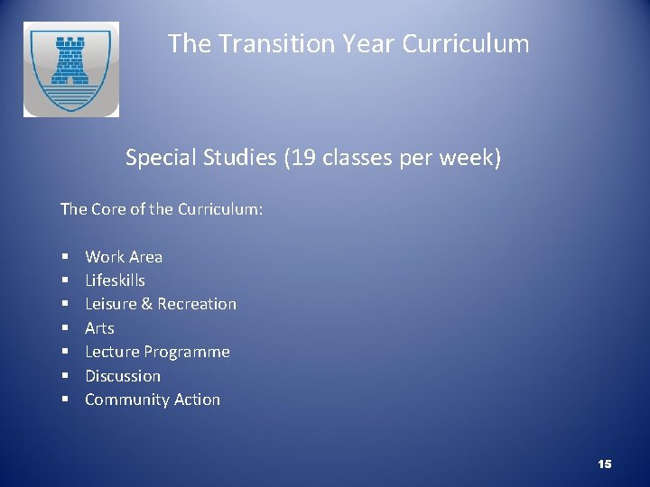 The Transition Year Curriculum Special Studies (19 classes per week) The Core of the