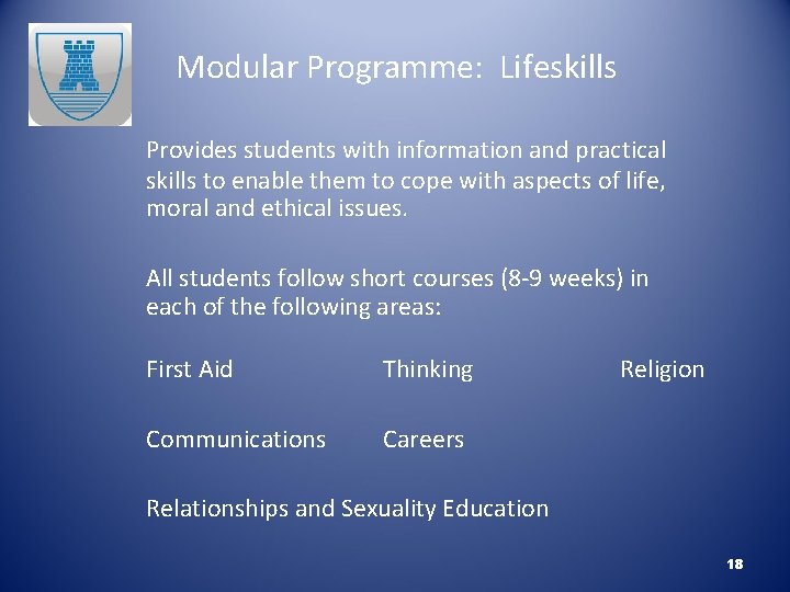 Modular Programme: Lifeskills Provides students with information and practical skills to enable them to