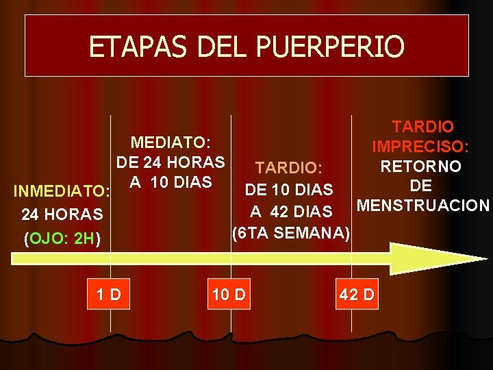 ETAPAS DEL PUERPERIO MEDIATO: DE 24 HORAS TARDIO: A 10 DIAS DE 10 DIAS