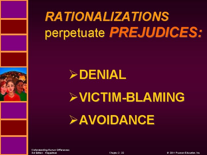 RATIONALIZATIONS perpetuate PREJUDICES: ØDENIAL ØVICTIM-BLAMING ØAVOIDANCE Understanding Human Differences 3 rd Edition - Koppelman