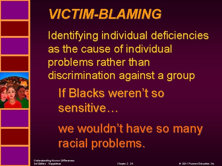 VICTIM-BLAMING Identifying individual deficiencies as the cause of individual problems rather than discrimination against