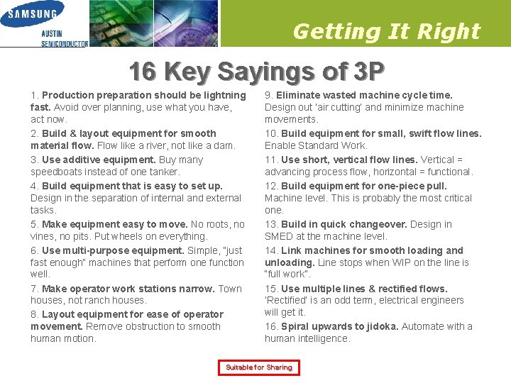 Getting It Right 16 Key Sayings of 3 P 1. Production preparation should be Getting It Right 16 Key Sayings of 3 P 1. Production preparation should be