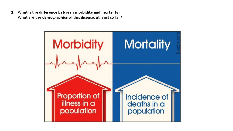 1. What is the difference between morbidity and mortality? What are the demographics of