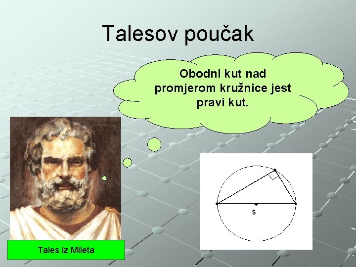 Talesov poučak Obodni kut nad promjerom kružnice jest pravi kut. Tales iz Mileta 