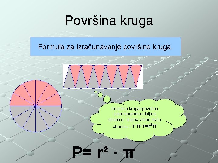 Površina kruga Formula za izračunavanje površine kruga. Površina kruga=površina palarelograma=duljina stranice· duljina visine na