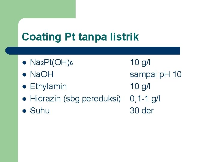 Coating Pt tanpa listrik l l l Na 2 Pt(OH)6 Na. OH Ethylamin Hidrazin