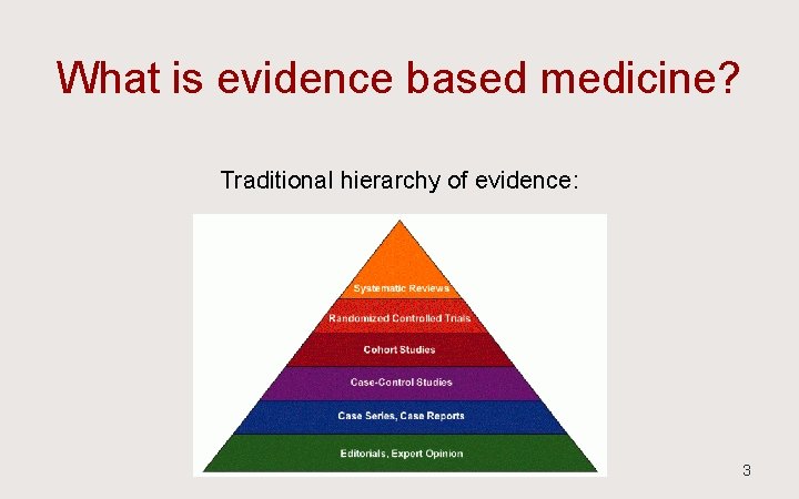 What is evidence based medicine? Traditional hierarchy of evidence: 3 