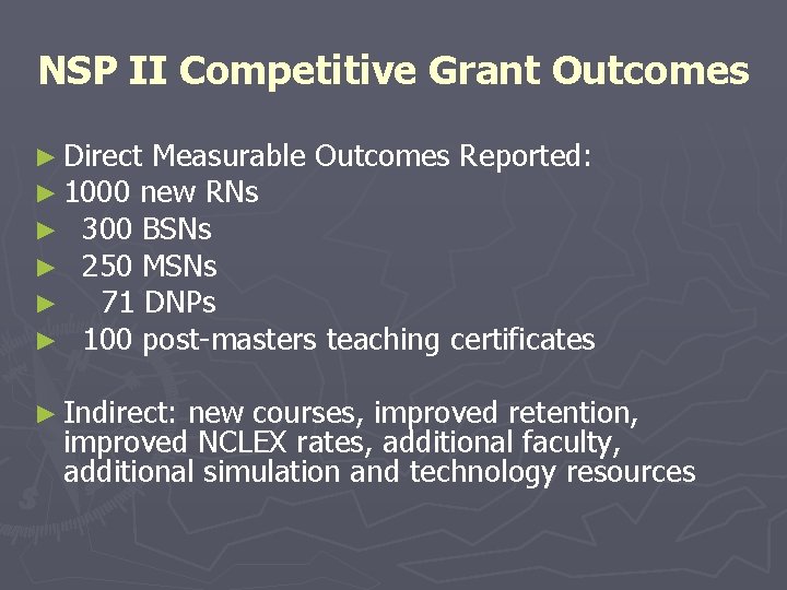 NSP II Competitive Grant Outcomes ► Direct Measurable Outcomes Reported: ► 1000 new RNs NSP II Competitive Grant Outcomes ► Direct Measurable Outcomes Reported: ► 1000 new RNs