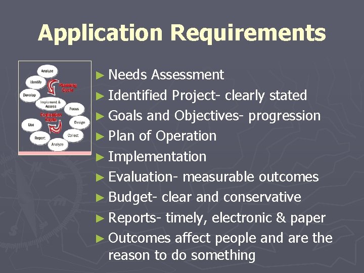 Application Requirements ► Needs Assessment ► Identified Project- clearly stated ► Goals and Objectives- Application Requirements ► Needs Assessment ► Identified Project- clearly stated ► Goals and Objectives-