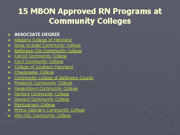 15 MBON Approved RN Programs at Community Colleges ► ► ► ► ASSOCIATE DEGREE 15 MBON Approved RN Programs at Community Colleges ► ► ► ► ASSOCIATE DEGREE