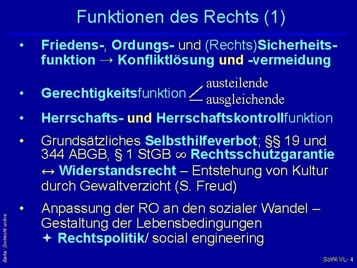 Funktionen des Rechts (1) • • Barta: Zivilrecht online • Friedens-, Ordungs- und (Rechts)Sicherheitsfunktion