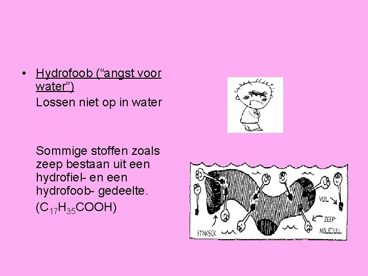  • Hydrofoob (“angst voor water”) Lossen niet op in water Sommige stoffen zoals