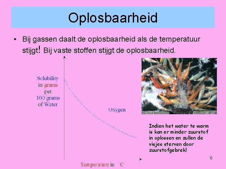 Oplosbaarheid • Bij gassen daalt de oplosbaarheid als de temperatuur stijgt! Bij vaste stoffen