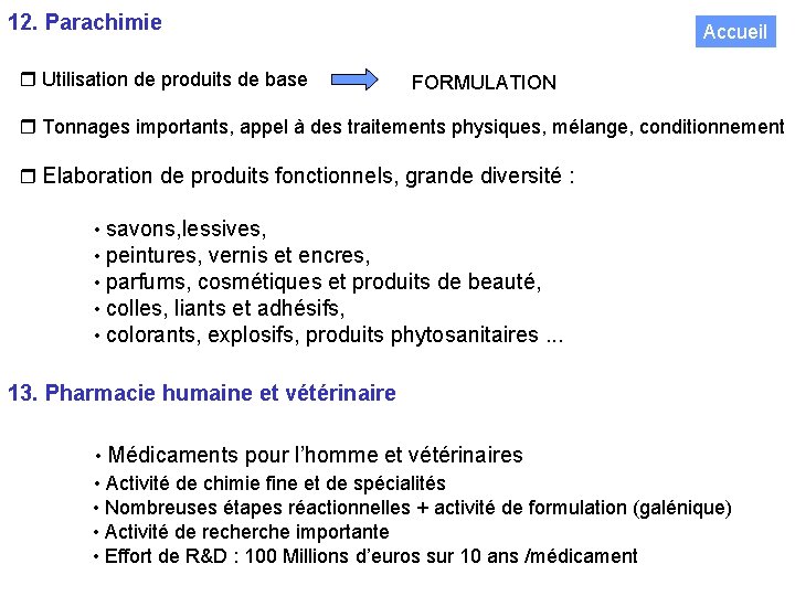 12. Parachimie Utilisation de produits de base Accueil FORMULATION Tonnages importants, appel à des