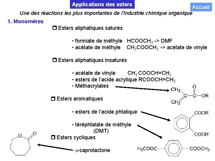 Applications des esters Accueil Une des réactions les plus importantes de l’Industrie chimique organique