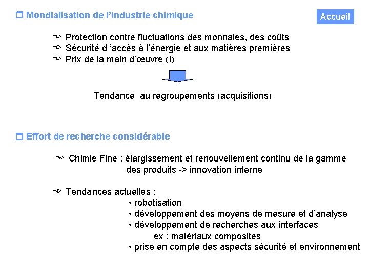  Mondialisation de l’industrie chimique Accueil Protection contre fluctuations des monnaies, des coûts Sécurité