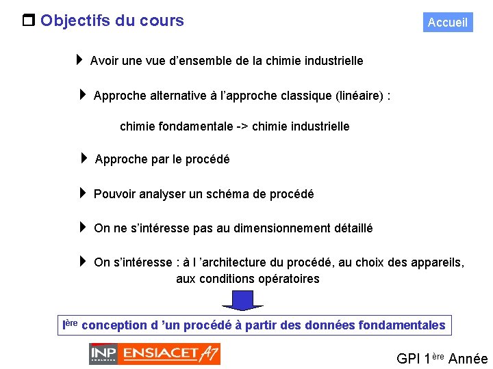  Objectifs du cours Accueil Avoir une vue d’ensemble de la chimie industrielle Approche