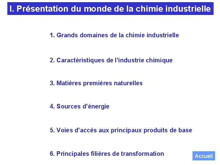 I. Présentation du monde de la chimie industrielle 1. Grands domaines de la chimie