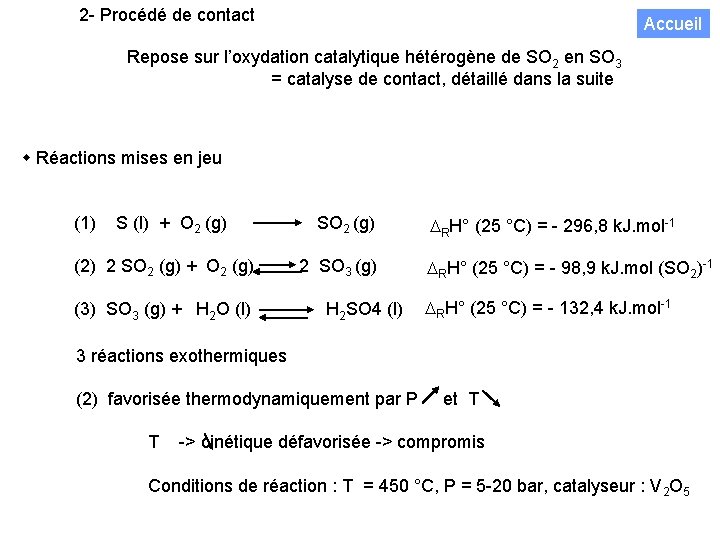 2 - Procédé de contact Accueil Repose sur l’oxydation catalytique hétérogène de SO 2