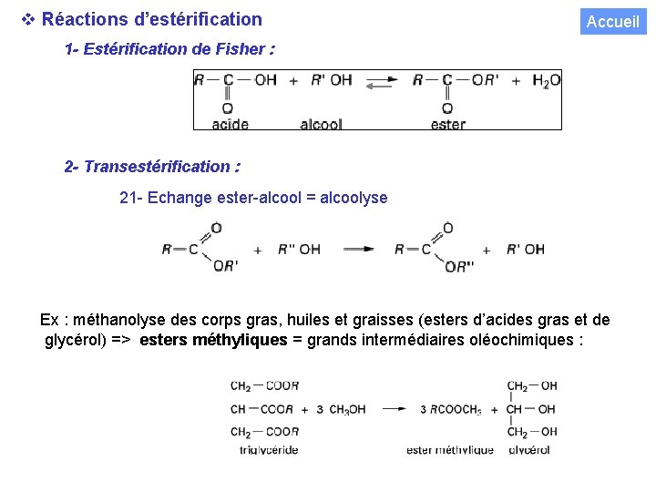  Réactions d’estérification Accueil 1 - Estérification de Fisher : 2 - Transestérification :