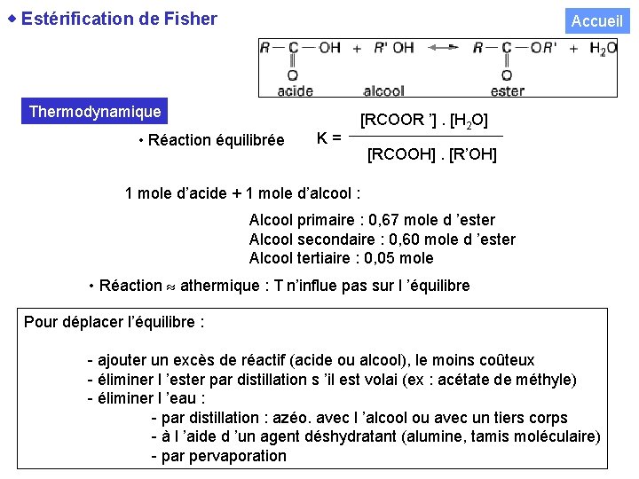  Estérification de Fisher Accueil Thermodynamique • Réaction équilibrée K = [RCOOR ’]. [H