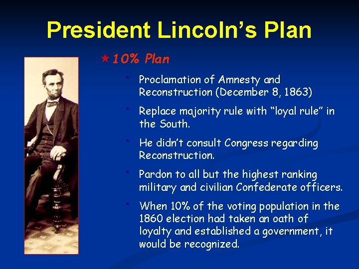 President Lincoln’s Plan 10% Plan * Proclamation of Amnesty and Reconstruction (December 8, 1863)