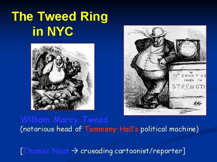 The Tweed Ring in NYC William Marcy Tweed (notorious head of Tammany Hall’s political