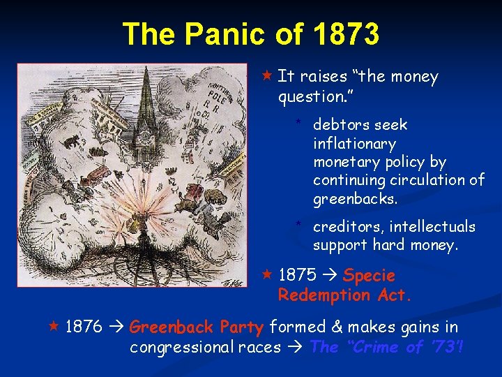 The Panic of 1873 It raises “the money question. ” * debtors seek inflationary