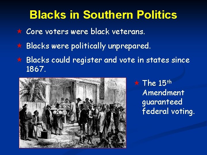 Blacks in Southern Politics Core voters were black veterans. Blacks were politically unprepared. Blacks