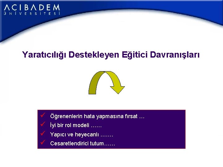 Yaratıcılığı Destekleyen Eğitici Davranışları ü ü Öğrenenlerin hata yapmasına fırsat … İyi bir rol Yaratıcılığı Destekleyen Eğitici Davranışları ü ü Öğrenenlerin hata yapmasına fırsat … İyi bir rol
