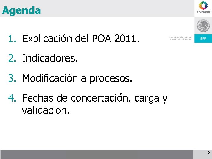 Agenda 1. Explicación del POA 2011. 2. Indicadores. 3. Modificación a procesos. 4. Fechas