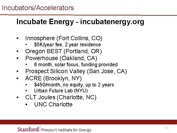 Incubators/Accelerators Incubate Energy – incubatenergy. org • Innosphere (Fort Collins, CO) • • •