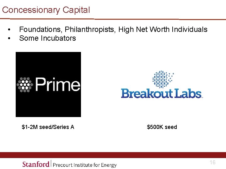 Concessionary Capital • • Foundations, Philanthropists, High Net Worth Individuals Some Incubators $1 -2