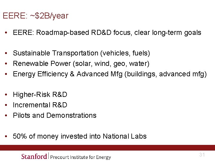 EERE: ~$2 B/year • EERE: Roadmap-based RD&D focus, clear long-term goals • Sustainable Transportation