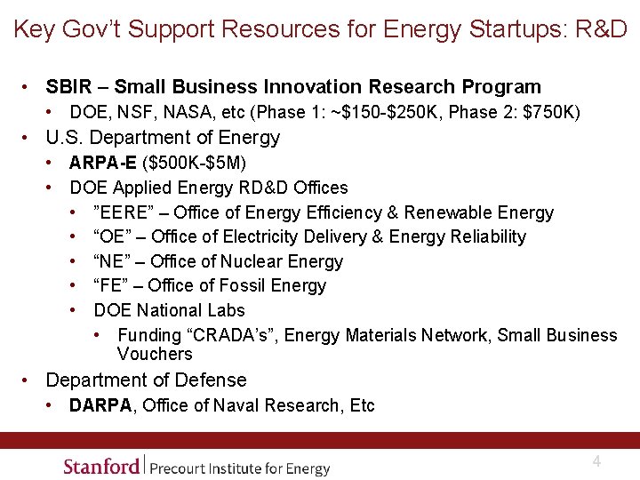 Key Gov’t Support Resources for Energy Startups: R&D • SBIR – Small Business Innovation