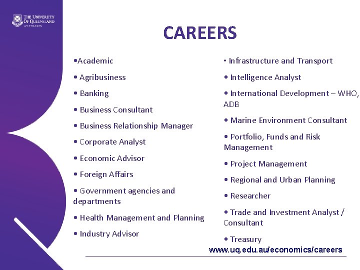 CAREERS • Academic • Infrastructure and Transport • Agribusiness • Intelligence Analyst • Banking