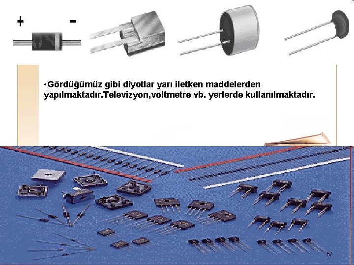  • Gördüğümüz gibi diyotlar yarı iletken maddelerden yapılmaktadır. Televizyon, voltmetre vb. yerlerde kullanılmaktadır.