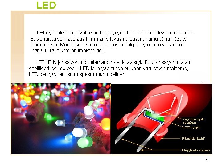 LED LED; yarı iletken, diyot temelli, ışık yayan bir elektronik devre elemanıdır. Başlangıçta yalnızca