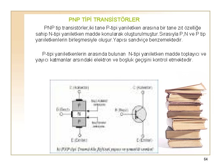  PNP TİPİ TRANSİSTÖRLER PNP tip transistörler; iki tane P-tipi yarıiletken arasına bir tane