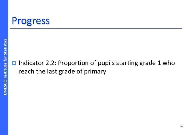 UNESCO Institute for Statistics Progress p Indicator 2. 2: Proportion of pupils starting grade