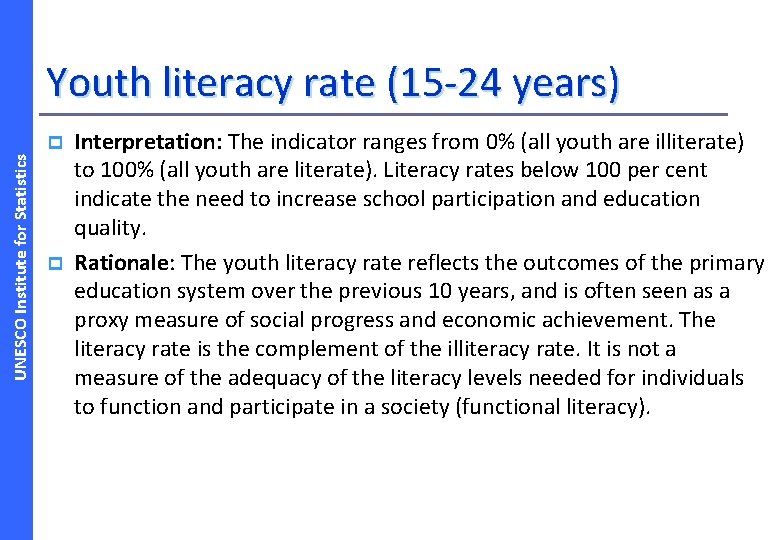 Youth literacy rate (15 -24 years) UNESCO Institute for Statistics p p Interpretation: The