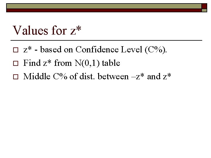 Values for z* o o o z* - based on Confidence Level (C%). Find