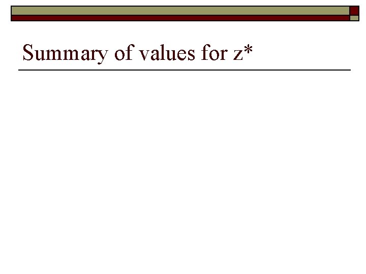 Summary of values for z* 