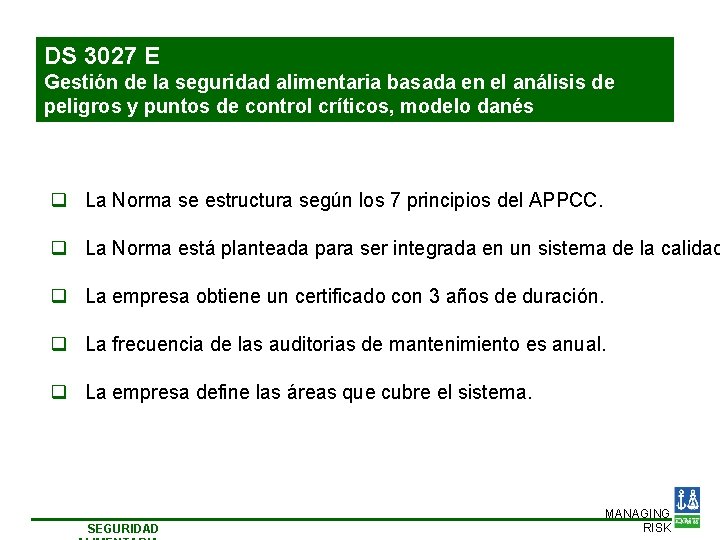 DS 3027 E Gestión de la seguridad alimentaria basada en el análisis de peligros