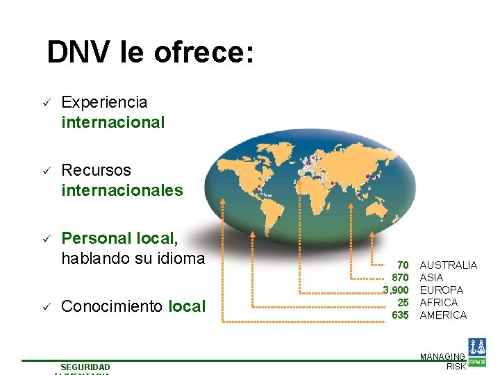 DNV le ofrece: ü Experiencia internacional ü Recursos internacionales ü Personal local, hablando su