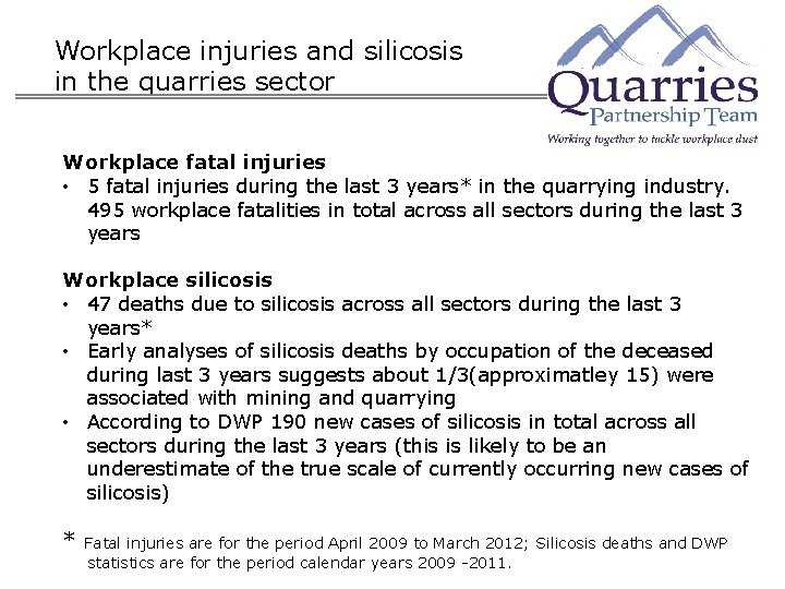 Workplace injuries and silicosis in the quarries sector Workplace fatal injuries • 5 fatal