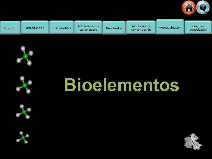 Propósito Introducción Bioelementos Actividades de aprendizaje Respuestas Actividad de consolidación Autoevaluación Bioelementos Fuentes consultadas