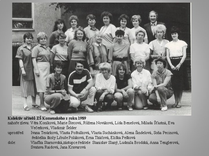 Kolektiv učitelů ZŠ Komenského z roku 1989 nahoře zleva: Věra Koníková, Marie Štecová, Růžena